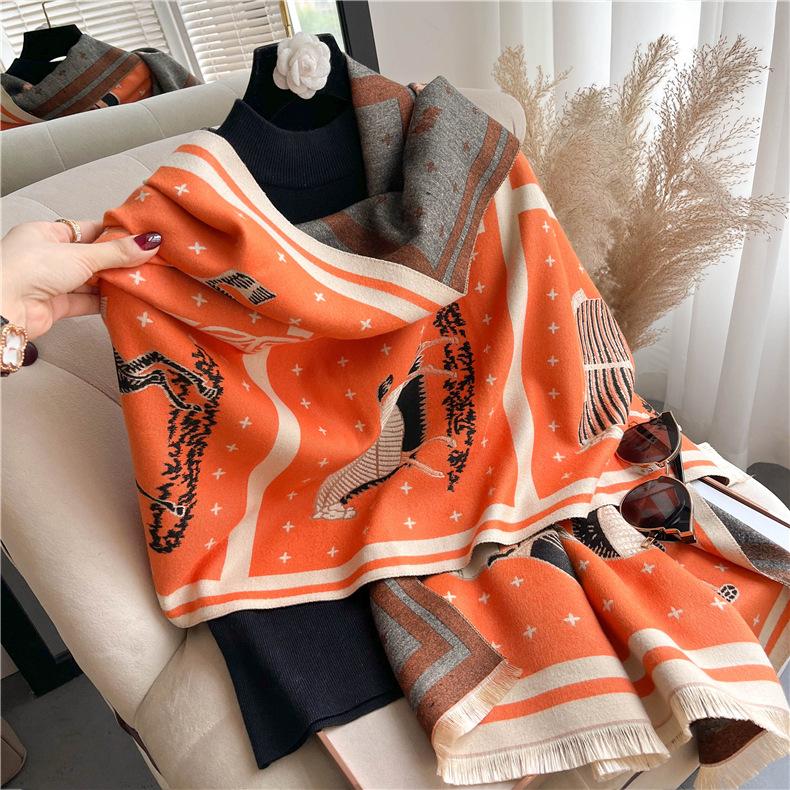 2024 Autumn/Winter New Thickened Warm Double Sided Two Tone Tassel Imitation Cashmere Scarf, High Grade Shawl Neck