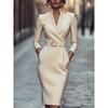 Spring Autumn Stand Collar Elegant Fashion Belt Bodycon Evening Dress Women Long Sleeve Waist Robe Vestidos