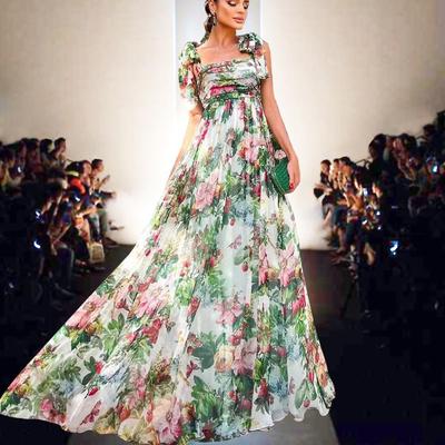 2022 European Summer Rose Print Pleated Elegant Long Swing Dress for Women