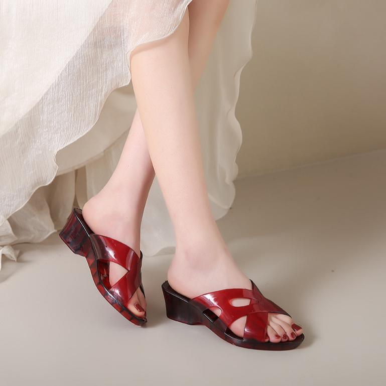 Summer Crystal Slippers for Women Anti Slip and Wear-resistant Thick Sole High Heels Sloping Heel Flat Bottom Outdoor Cool Slippers