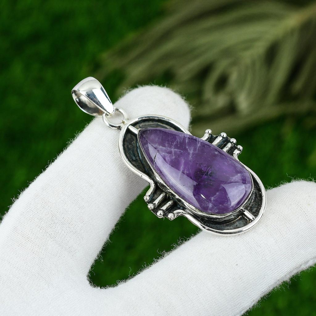 925 Silver Pear Natural Star Amethyst February Birth Boho Sister Pendant Jewelry
