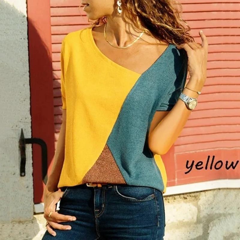 

Популярная женская летняя повседневная футболка с короткими рукавами и нерегулярным косым воротником, женская футболка, свободные топы