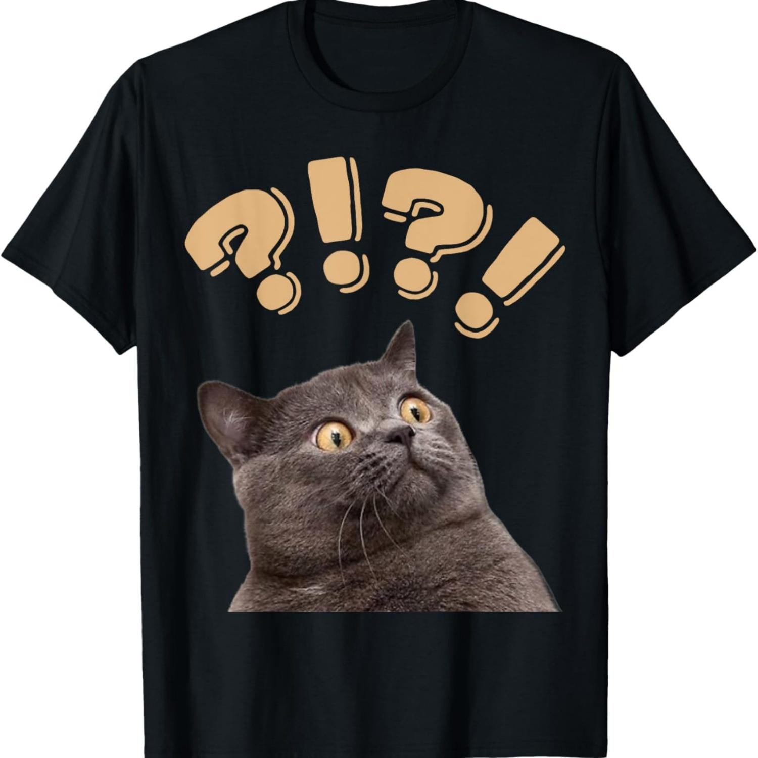 Funny Shocked Confused Surprised Scared Anxious Cat Meme T-Shirt for Men Women Kids S чёрный