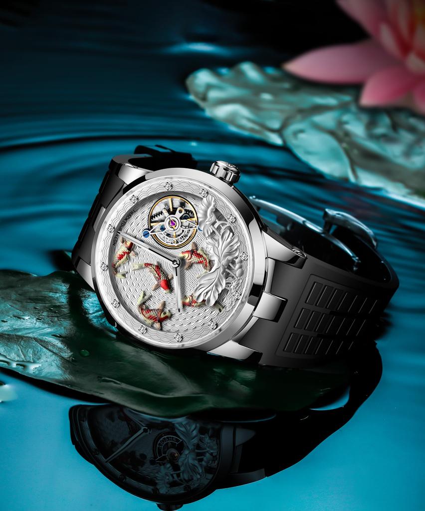 Haofa Carcel Mechanical Watch Manual Winding 3D Carp Dial Waterproof Rubber Strap Luxury Gentleman Gift for Men Men's