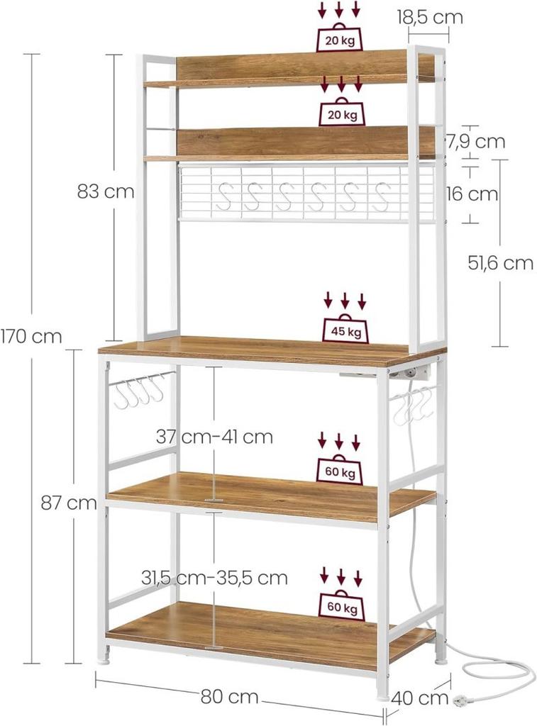Kitchen Shelf with Mesh Plate, 14 Hooks, 40 X 80 X 170 Cm, Vintage Brown/white