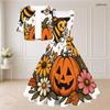 Women Plus Size Halloween Printed Two Piece Set Short Sleeve Cropped Shrug Sleeveless Square Neck Tie Waist Flared Dress