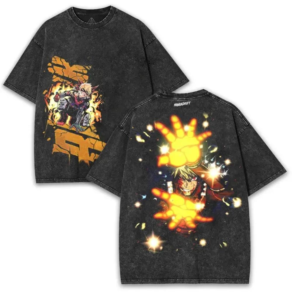 Bakugou Katsuki Print T-shirt My Hero Academia Anime Clothing Men Short Sleeve Cotton Tshirts Retro Washed Tee Harajuku T Shirt
