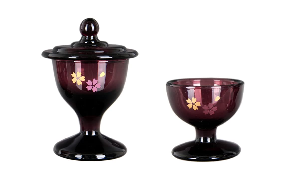 

Buddhist Altar Glass Tea Set (Rice and Water Containers) with Cherry Blossom Pattern (Wine Color) TG-02P-F & TG-01P-F