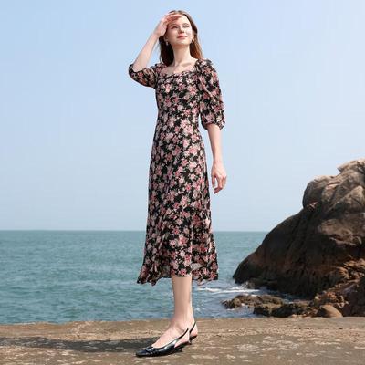 SanCai French Square Neck Floral Chiffon Maxi Dress