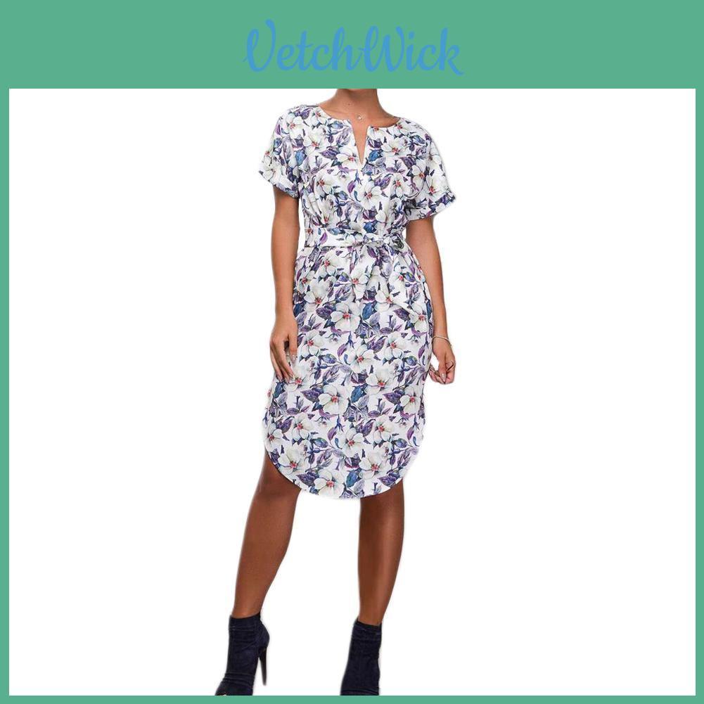 Elegant Women Short Sleeve Boho Style Midi Beach Dress With Vibrant Floral Prints