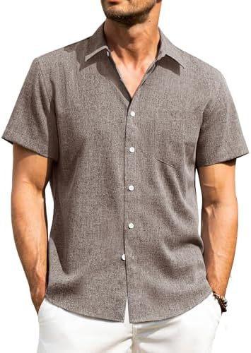 Alimens & Gentle Men's Linen Shirt Short Sleeve Button Up Shirt Wrinkle Free Casual Vacation Beach Summer
