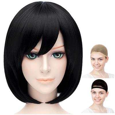 Case Eden Cosplay-Perücke, Glatter Kurzer Bob, 40cm, Hitzebeständig, Schwarzes Haar, Inklusive 2 Perückenkappen