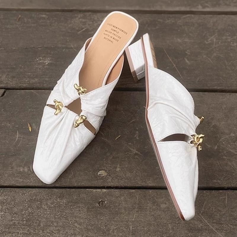 Fashion Fashion Metal Decoration Slippers Women Elegant Square Head Pleated Designer Shoes Comfortable Soft Leather Low Heel Slippers