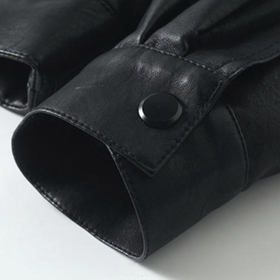 Women Jacket Faux Leather Smooth Surface Turn-down Collar Single-breasted Long Sleeves Pockets Retro