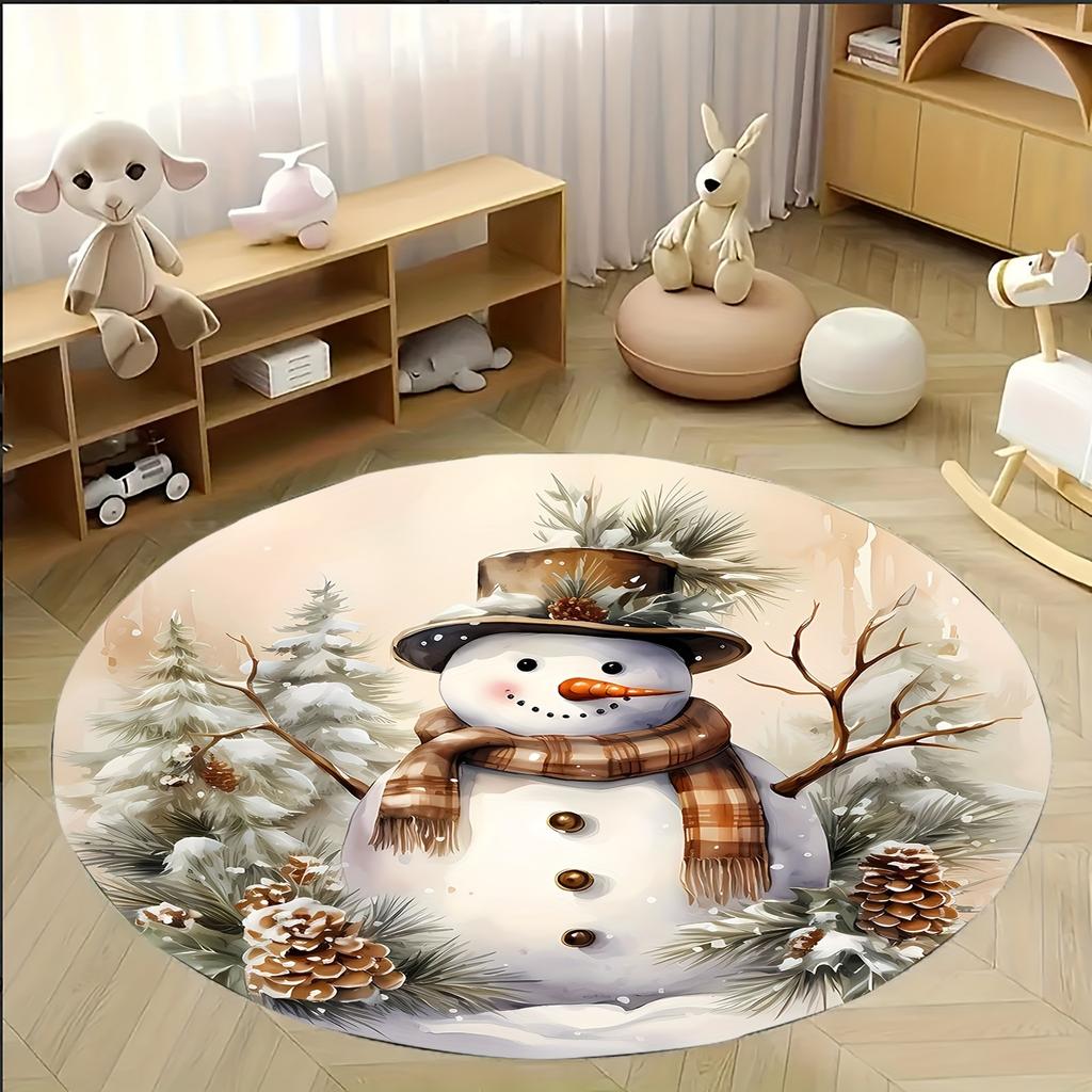 1Pcs Christmas Snowman Pattern Round Area Rug Indoor Non-Slip Washable Fiber Carpet Soft Comfortable Mat For Bedroom Living Room