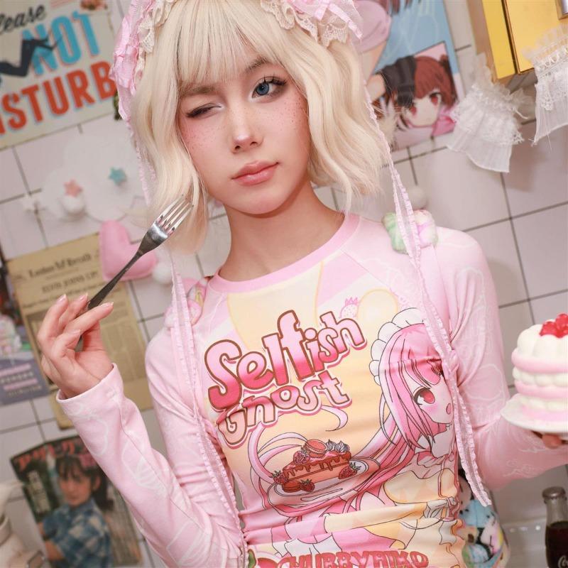 

Y2k Harajuku Streetwear Футболки женские японские модные пэчворк Kawaii Sweet Cartoon Print Тонкие футболки Топы Мягкие Gril S розовый