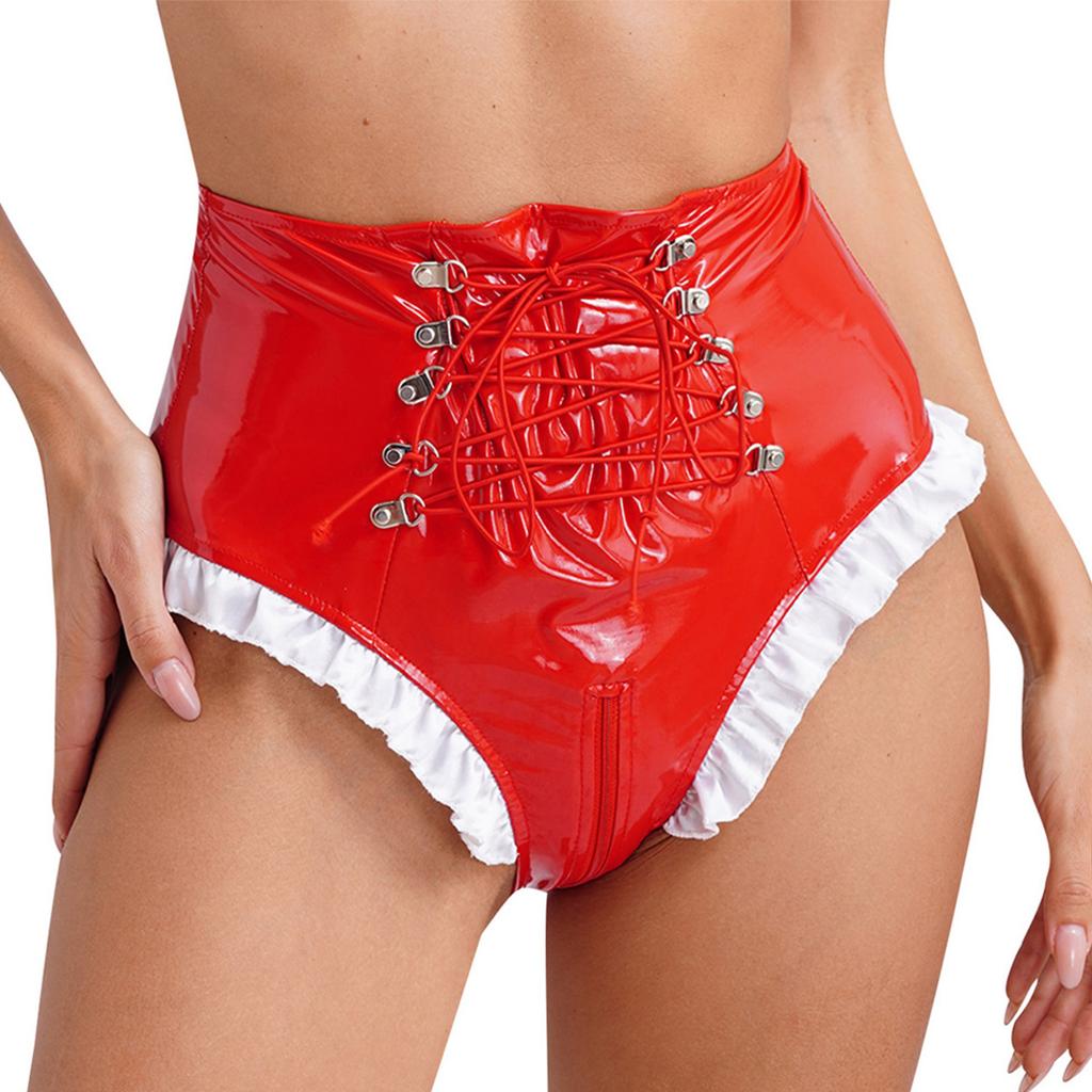 Γυναικείο γυαλιστερό λουστρίνι Frilly Maid Knickers με κορδόνια με φερμουάρ με καβάλο εσώρουχα για παιχνίδι ρόλων για νυχτερινό κέντρο διασκέδασης