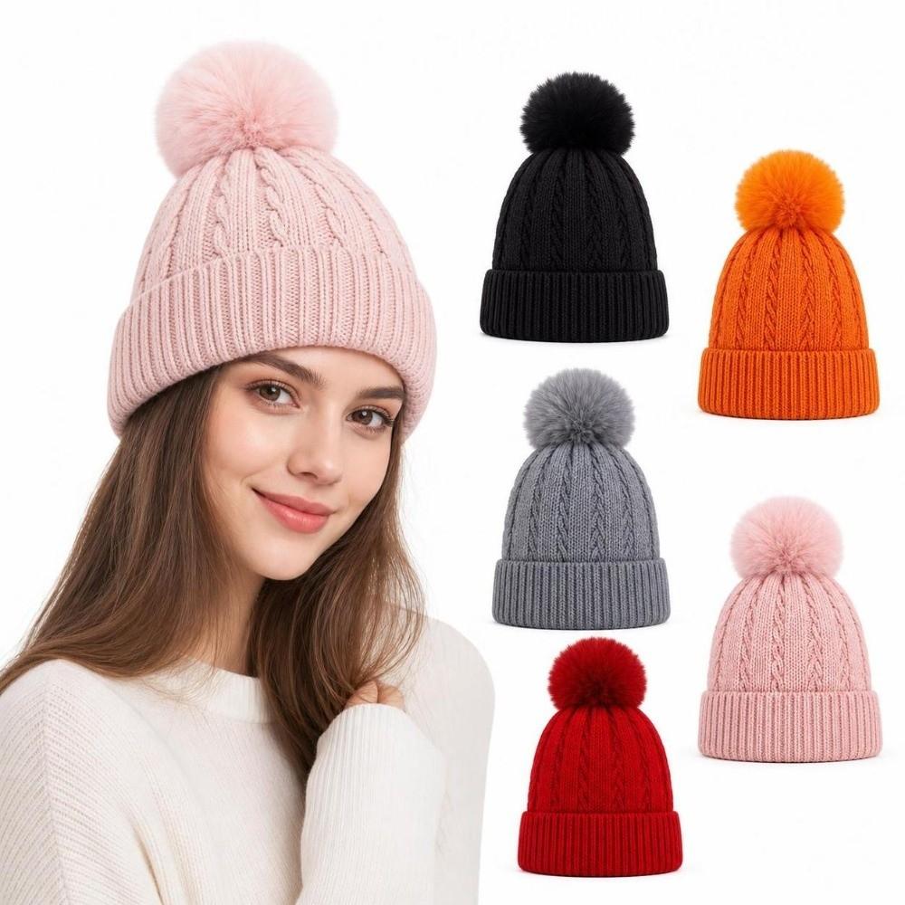 Winter Warm Knitted Hat with Fluffy Ball Beanies Cap Fashion Pullover Cap for Male Female