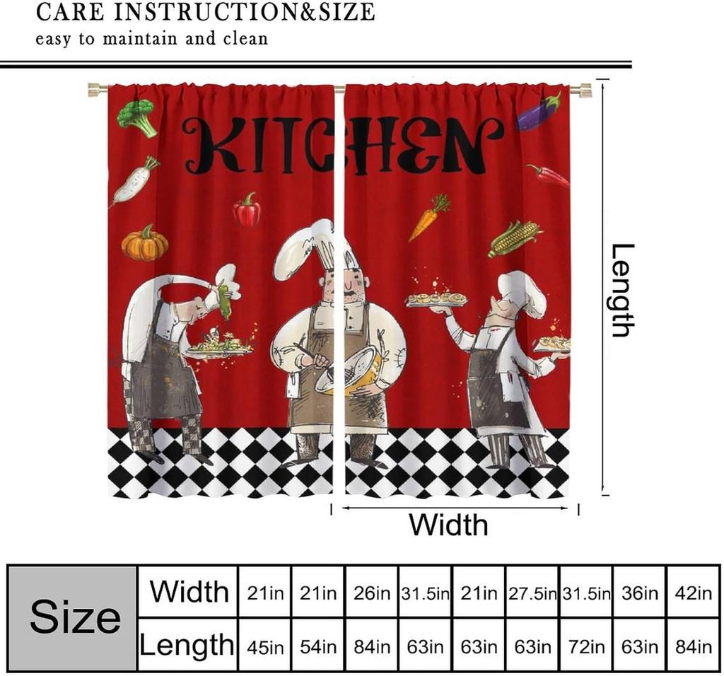 Chef Cooking Curtains For Kitchen,R Cartoon Rustic Vegetable Fruit Lattice Pastry Fat Chef Carrot Corn Gourmet Cookware Window