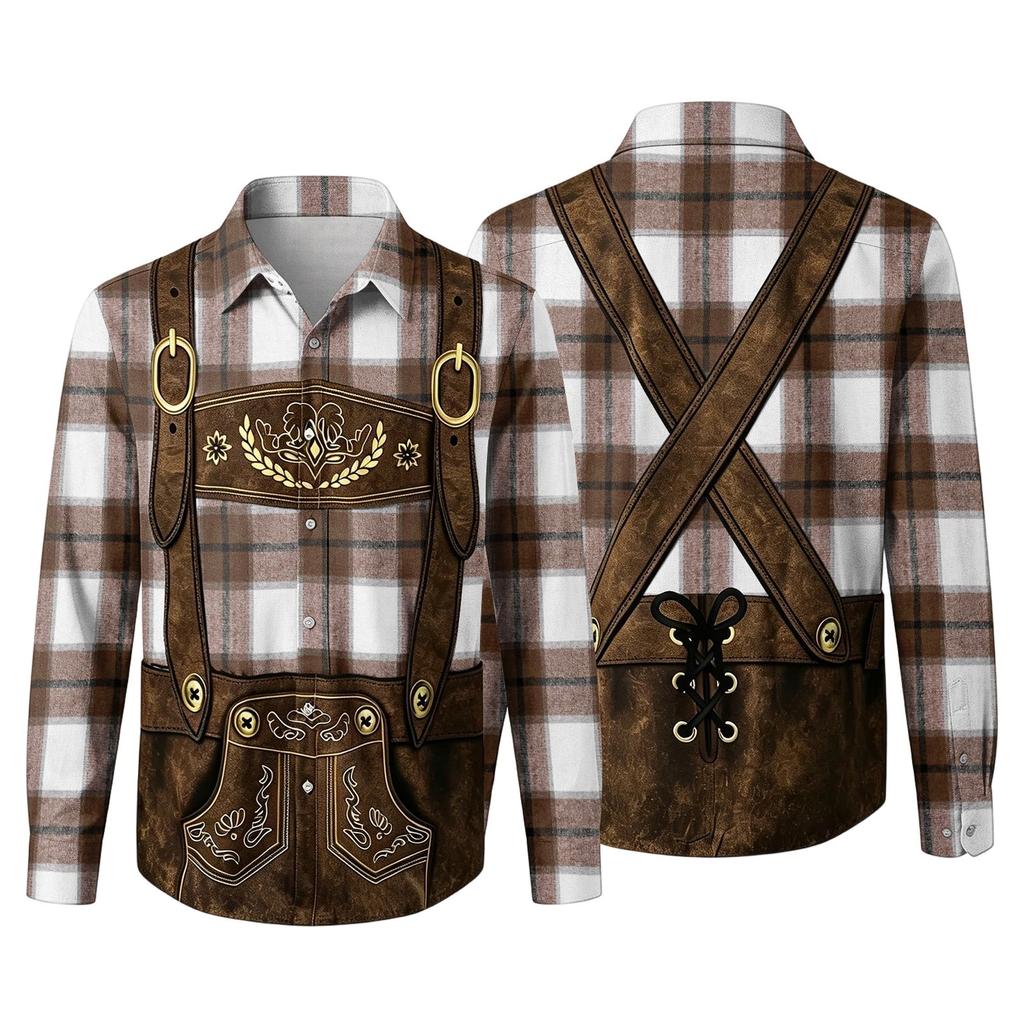 Men’s 3D Printed Plaid Long Sleeve Shirt with Vintage Pattern Relaxed Fit Button Down Collar for Festivals Parties and Outdoor Activities
