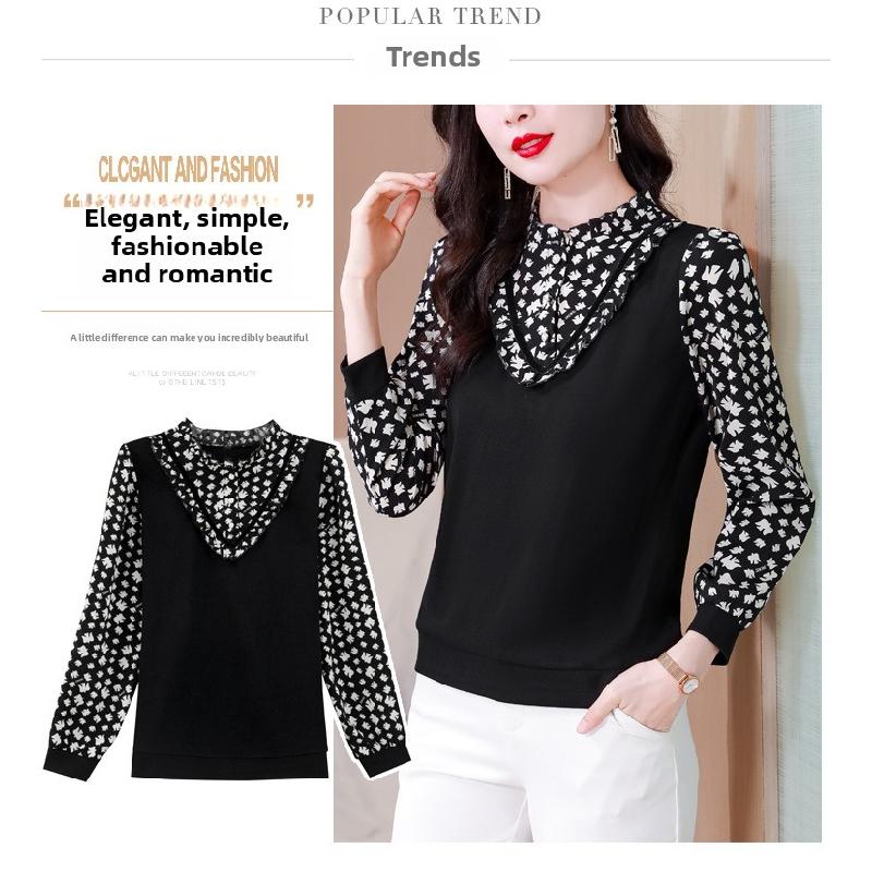 2026 Spring and Autumn Long-Sleeve Slim-Fit Shirt with Ruffled Edge and Printed Design for Women