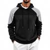 Men's Color Block Raglan Hoodie, Contrast Spliced Textured Long Sleeve Drawstring Pullover Hooded Sweatshirt with Kangaroo Pocket