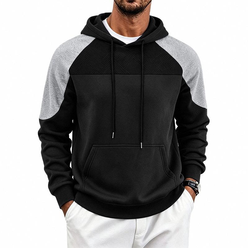 Men's Color Block Raglan Hoodie, Contrast Spliced Textured Long Sleeve Drawstring Pullover Hooded Sweatshirt with Kangaroo Pocket