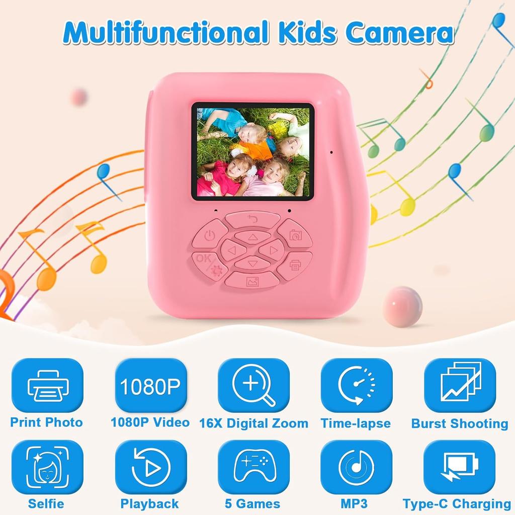 PROGRACE Kids Instant Print Camera - 1080P HD Photos & Videos - Perfect Birthday for Boys & Girls Age 3-12 with 32GB Card