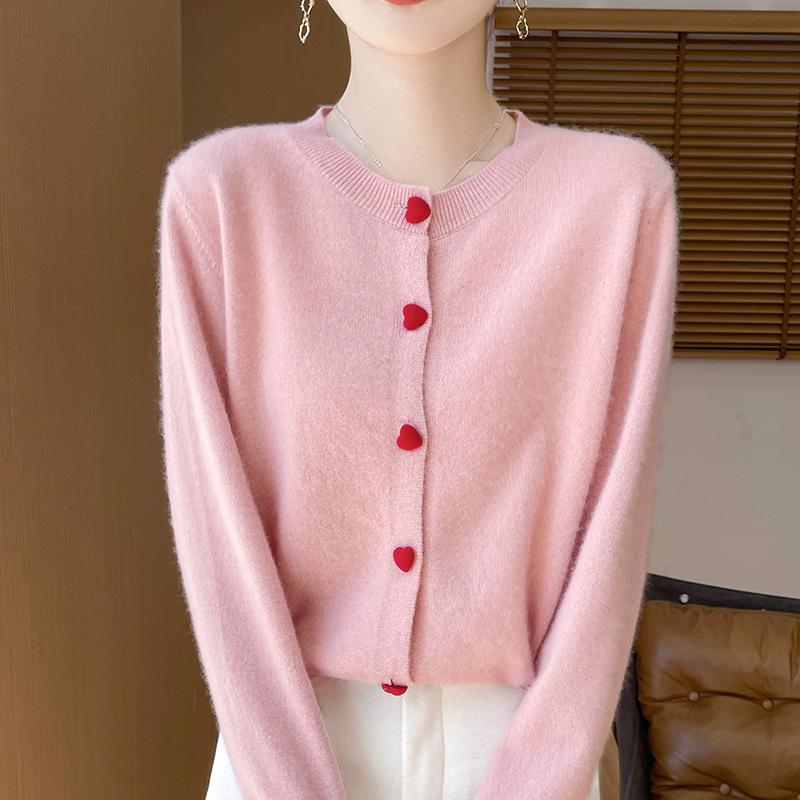 Women's 100% Wool Round Neck Long Sleeve Knit Cardigan with Cashmere Inner Layer