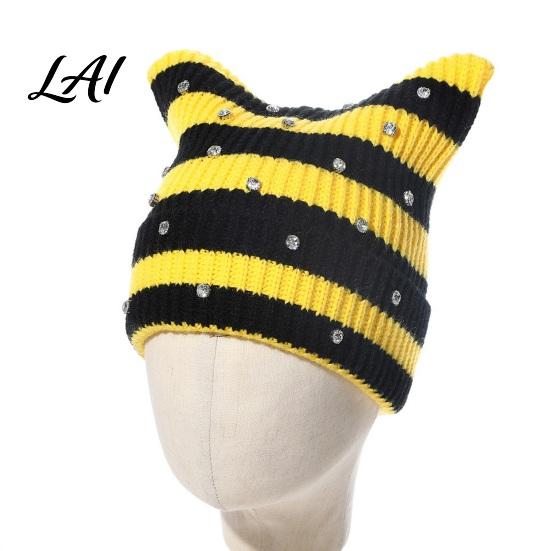 Contrast Color Striped Hat Cat Ear for Women Girls Slouchy Crochet Headgear Fashionable Streetwear Headwear with Shiny Rhinestones Cute Winter Warm