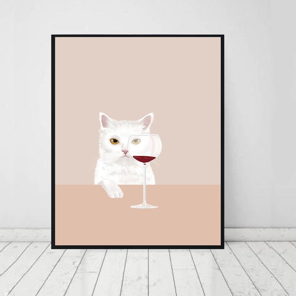 Lustiges süßes schwarzes Katzenplakat, weiße Katzen schmecken Rotwein, Leinwandmalerei, Katze, Küche, Wandkunst, Bilder für Wohnzimmer, Heimdekoration