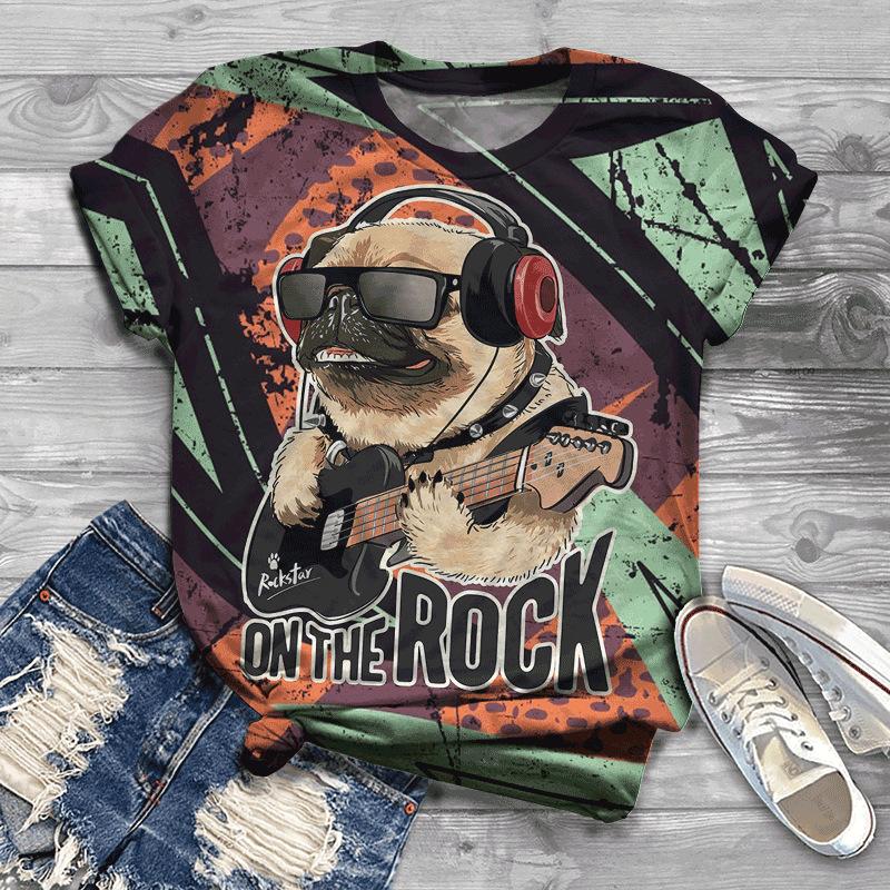 Summer New Printed Short Sleeve Top for Women, Round Neck 3D Dog Printed Women's T-shirt