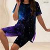 Women Plus Size Two Piece Set Crew Neck Short Sleeve Side Slit Top And Biker Shorts Cosmic Swirl Galaxy Print Outfit