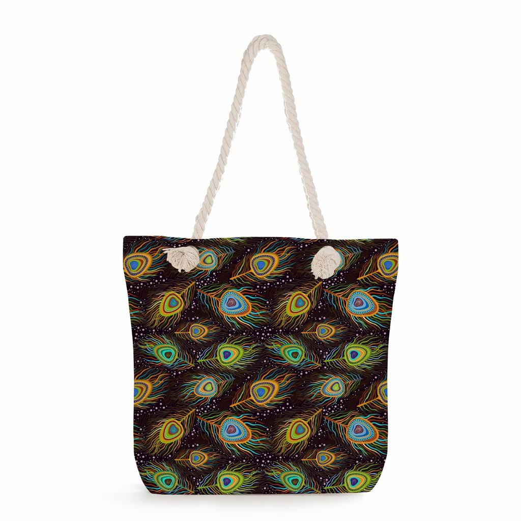 Feather print thick rope single-shoulder beach bag 7221
