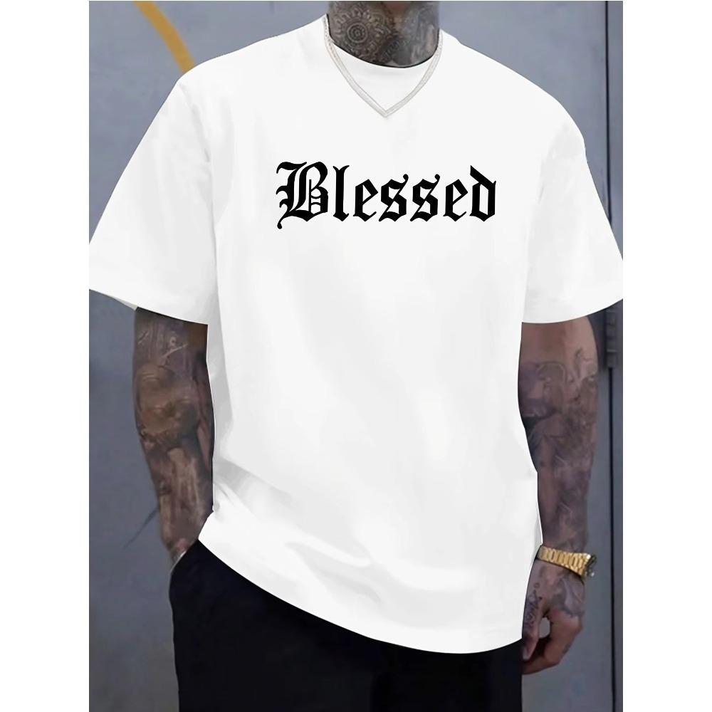 Men s Summer Cotton Fashionable Casual Loose Blessed Letter Pattern Printed Sports Short Sleeved T-shirt S