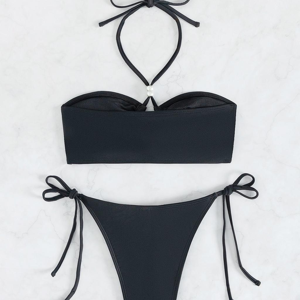 Halter Tie Pearl Decor Sexy Two Piece Bikini Set Elegant Women Swimwear