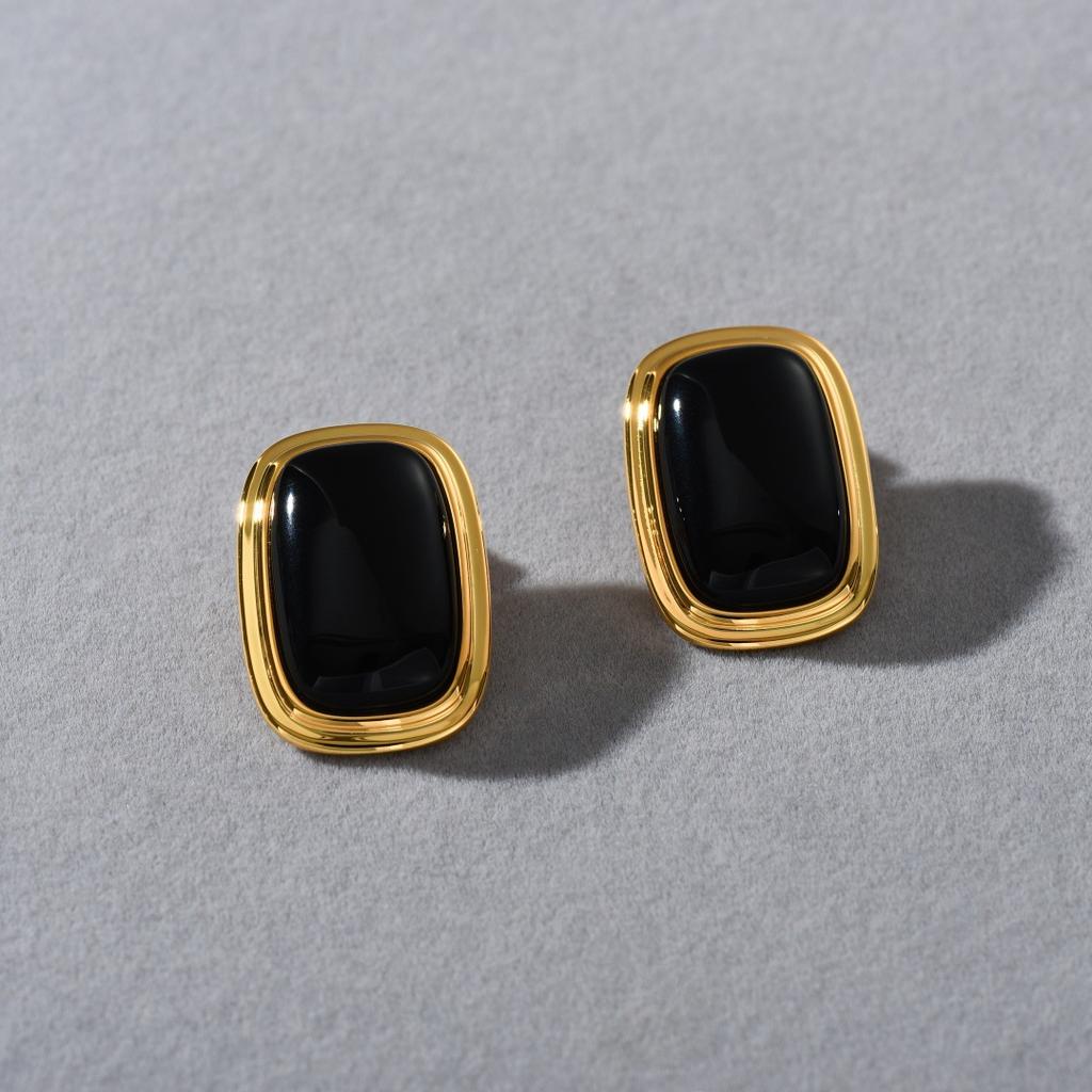 French Romantic Brass Plated 18K Real Gold Inlaid Black Agate Niche 925 Silver Needle Stud Earrings Light Luxury Earrings