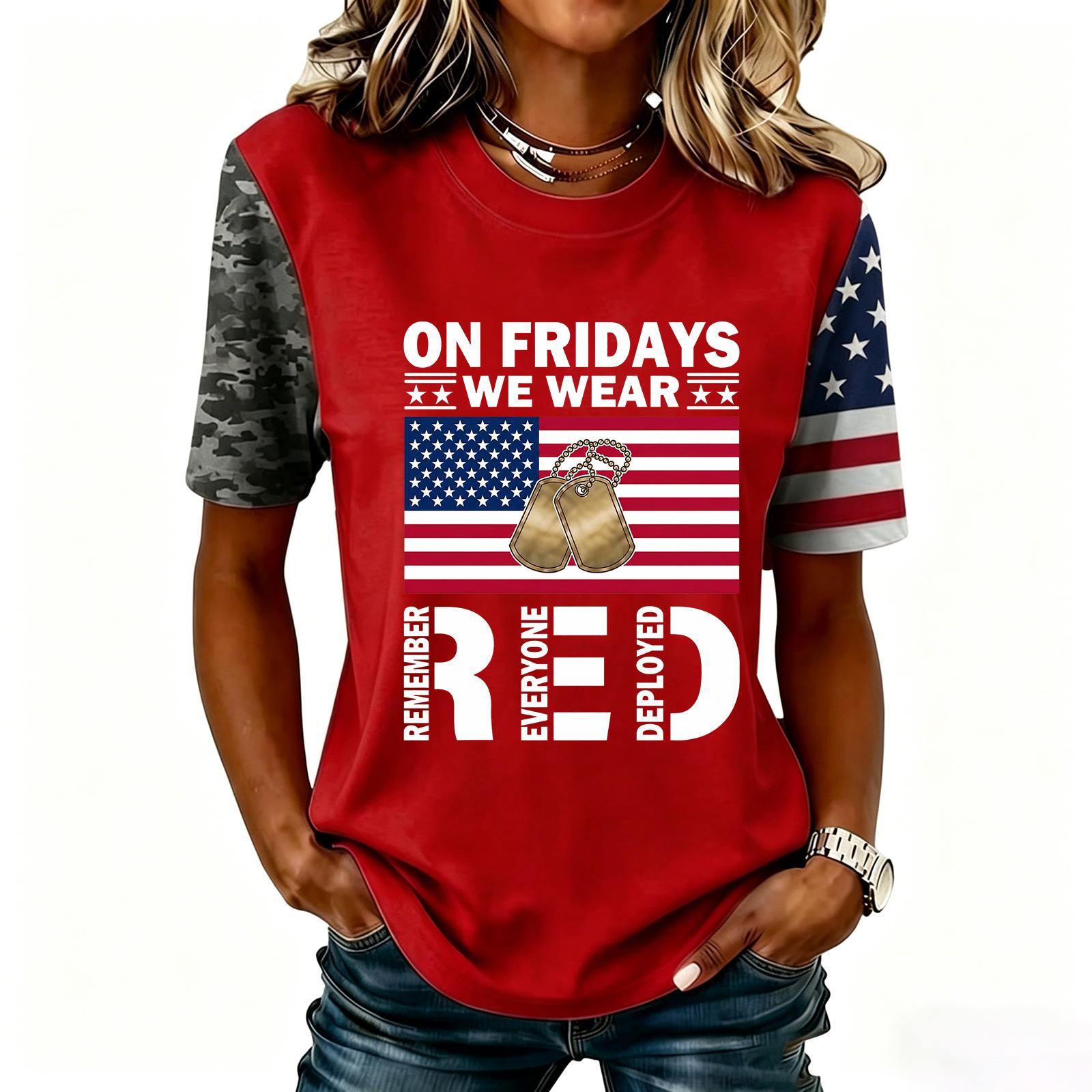 

Women s Casual Short Sleeve T-Shirt Crew Neck Letter Print Top Patriotic Sleeve Design Relaxed Fit Lightweight Fabric XL