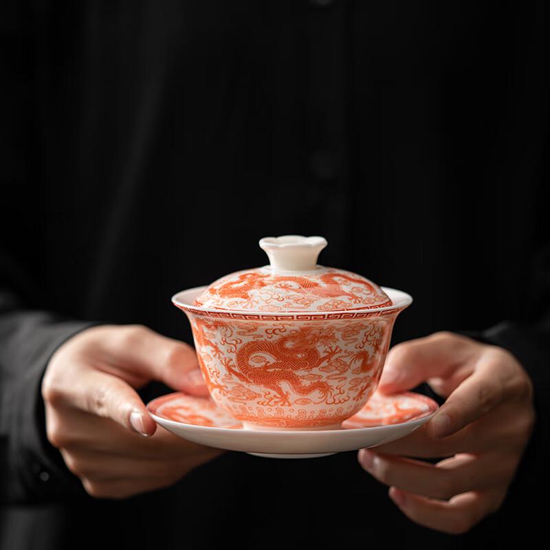 Sushih Ceramic Red Nine-Dragon Sancai Gaiwan Tea Bowl