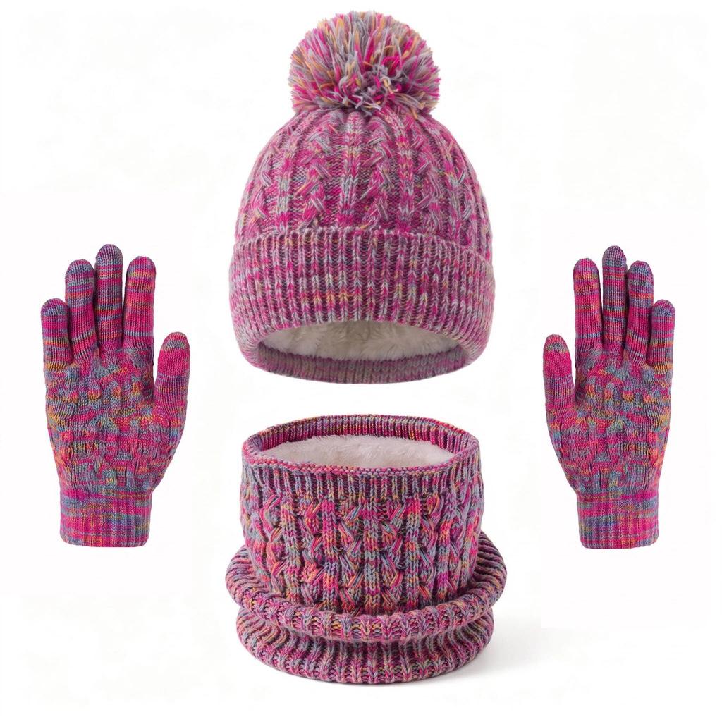 Kids Winter Warm Knitted Set Pom‑pom Hat Scarf Gloves 3‑Pcs Set Or Single Beanie Hat Windproof Ear Protection For Boys Girls Cold Weather Outdoor