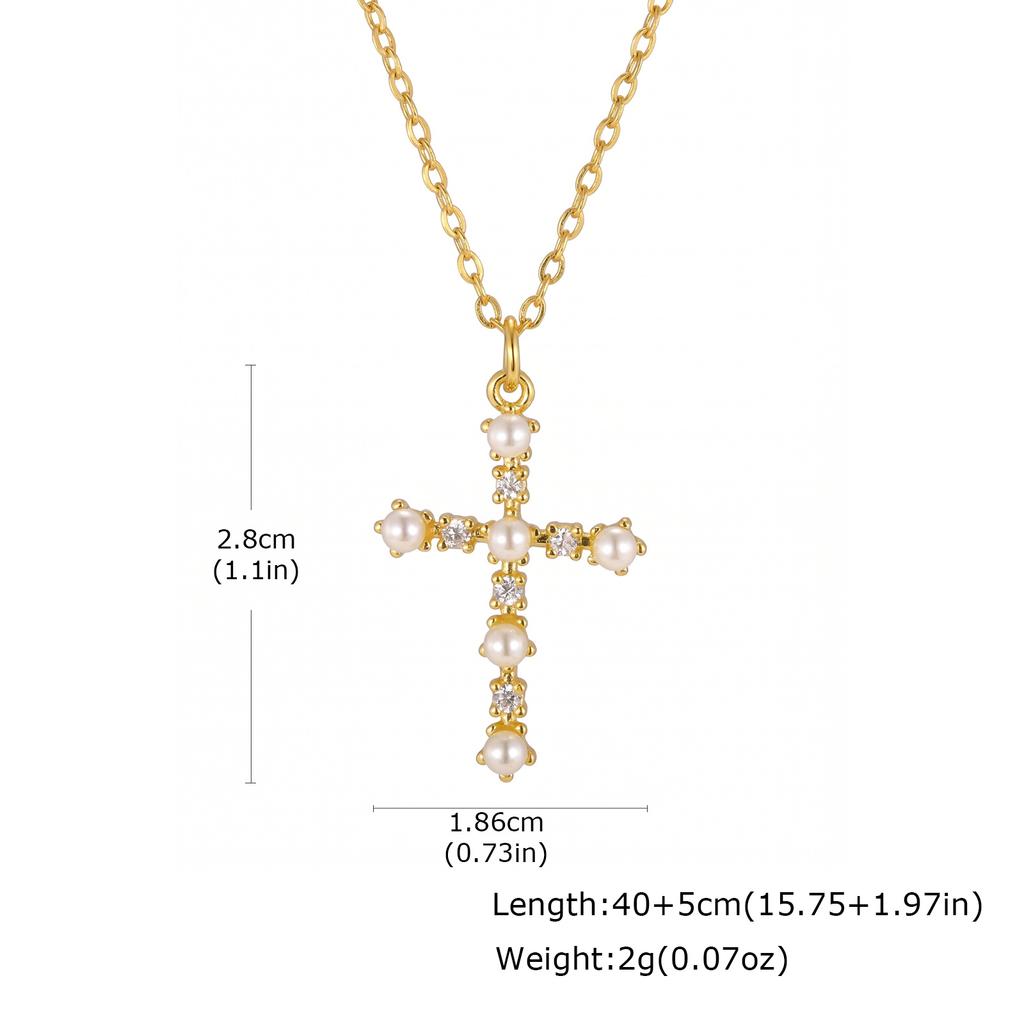 Elegant French Vintage Cross Necklace with Zircon for Women, Gold Plated Baroque Crucifix Thin Link Chain Religious Gift