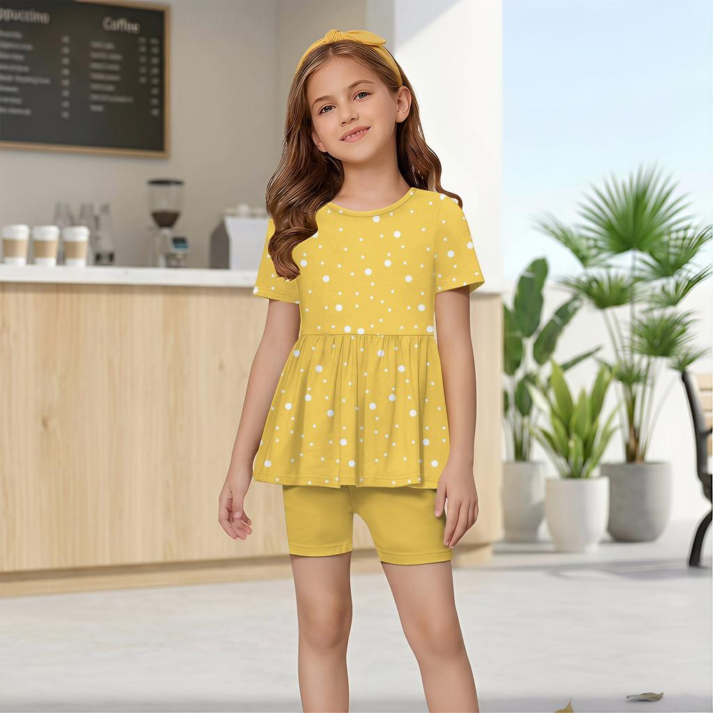 Completo Estivo per Bambina Set Top a Maniche Corte con Volant e Stampa Pois e Pantaloncini Due Pezzi Abbigliamento Casual per Bambini