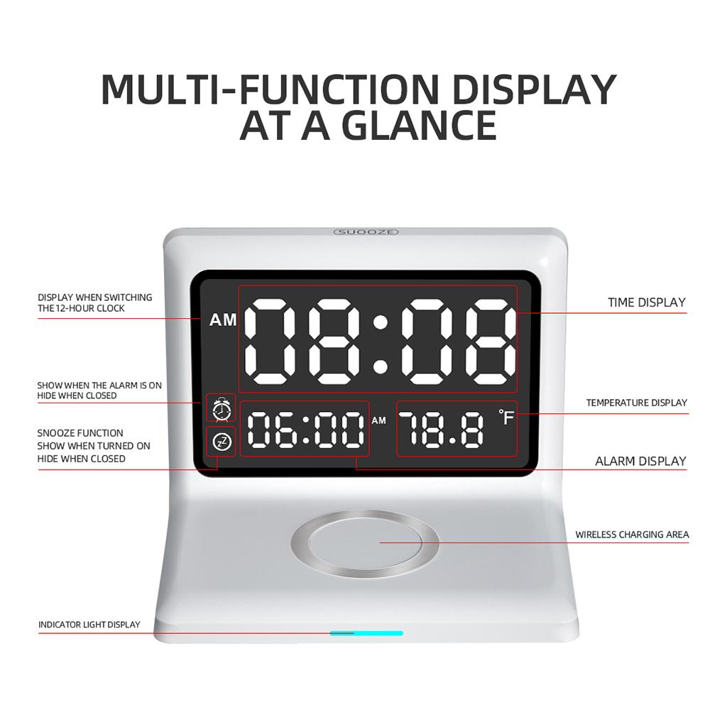 Multifunctional Digital Mirror Clock 15W Wireless Charging Alarm Clock with Large Dimmable Display