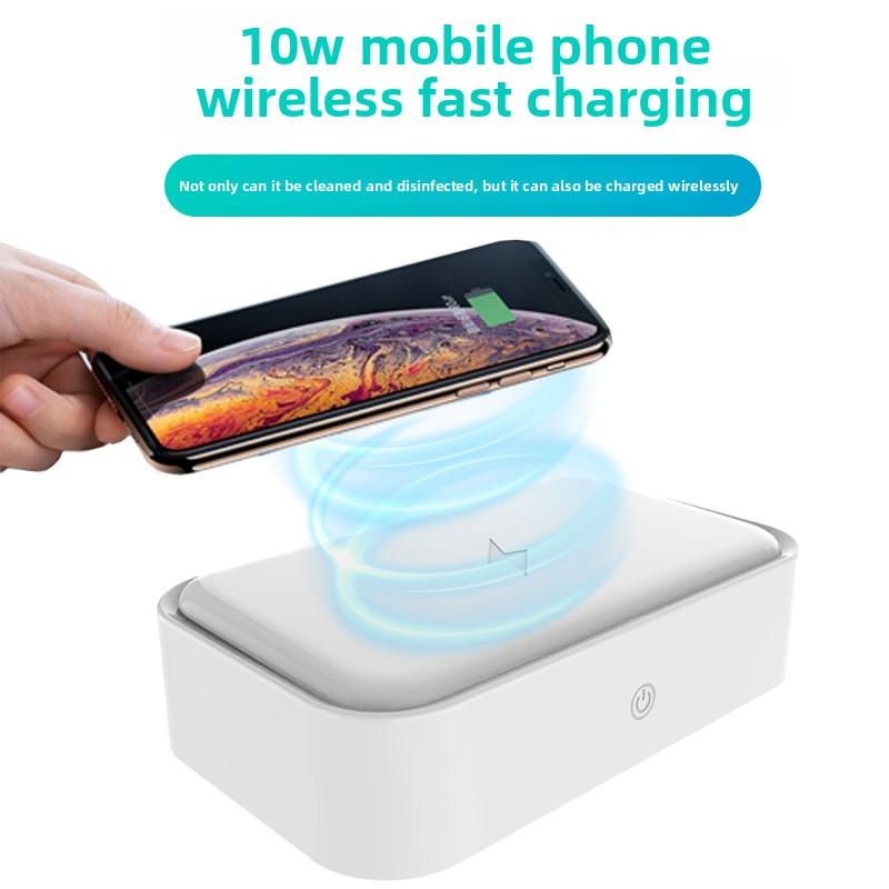 3-i-1 Ultraljudsrengörare UVC UV Desinfektionslåda Mobiltelefon Trådlös Laddning Kontaktlinser Tandställning