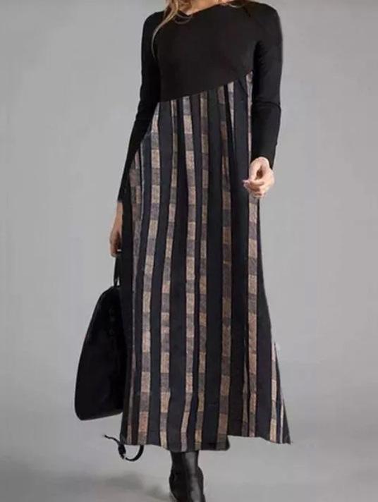 Women Color Block Floral Print Long Sleeve Maxi Dress Casual Loose A Line Long Dress S-XXXL