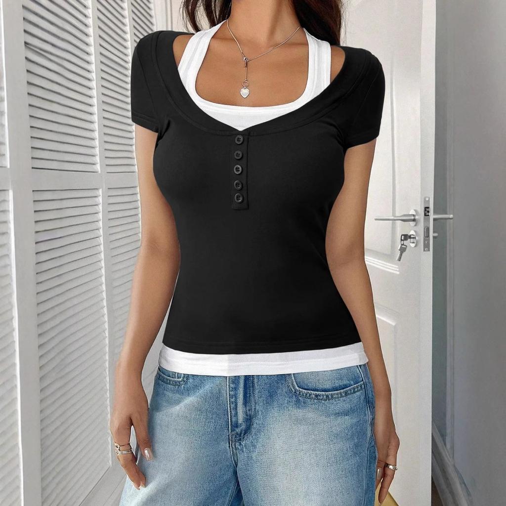 Ladies' Casual Square Collar, Contrasting Color, Fake Two-piece Button Design, Slim Fit Short Sleeved Shirt