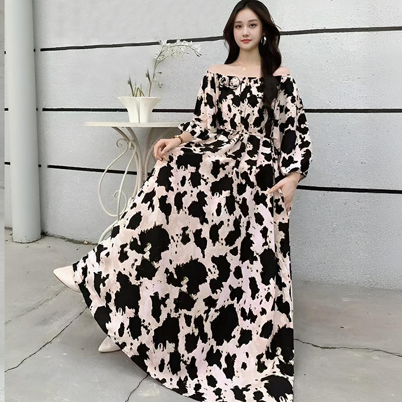 Fattened extra large size floral long-sleeved dress 100kg fat girl long dress one-word shoulder loose maternity dress