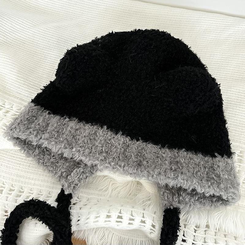 Autumn And Winter  Color Matching Bear Ear Strap Lei Feng Hat For Women Korean Cute Warm Ear Protection Knitted Wool Hat