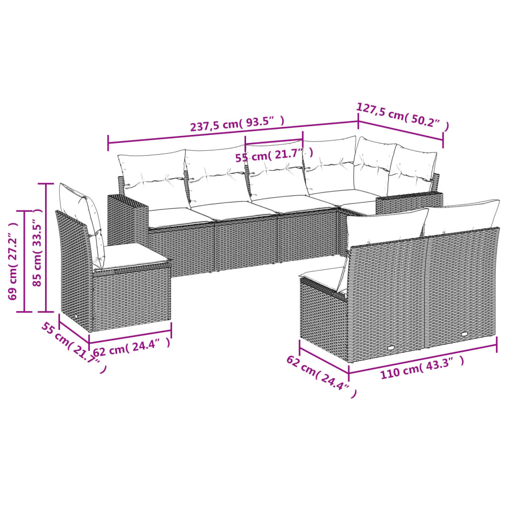 Vidaxl 8-Cz. Garden Furniture Set With Cushions, Beige, Poly Rattan