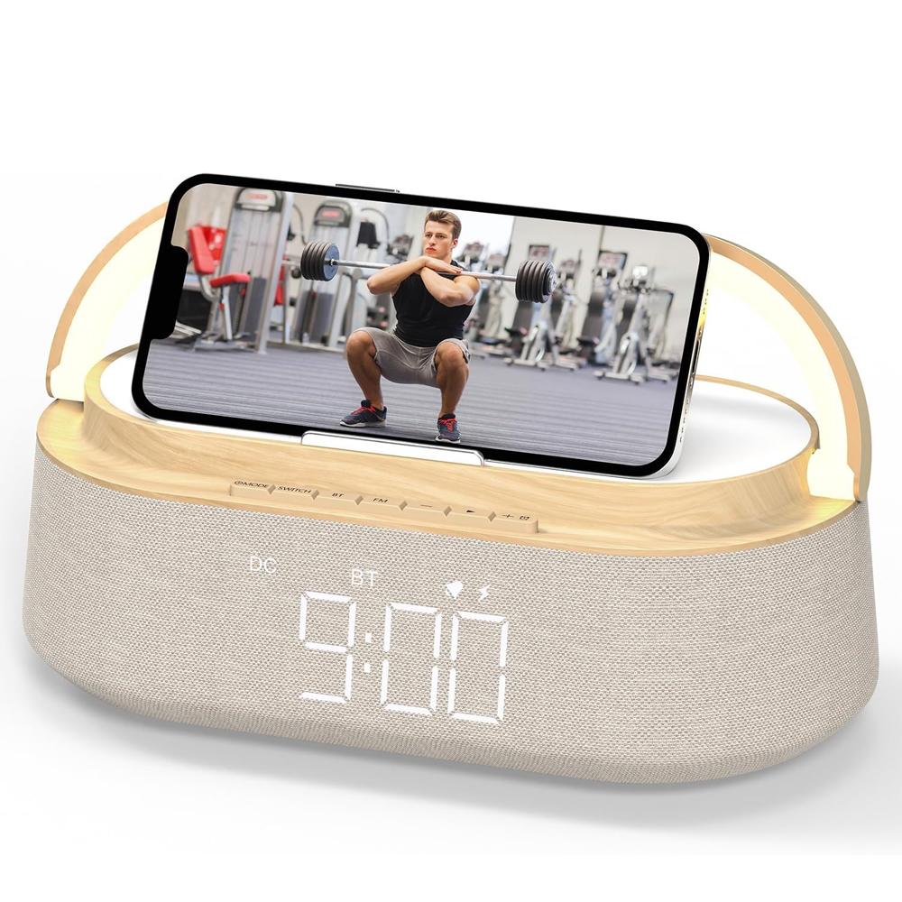 

Bluetooth-динамик с беспроводной зарядкой, FM-радио, регулируемым светодиодным ночником, двойными беспроводными динамиками, подходит для украшения дома, подарок (деревянный)